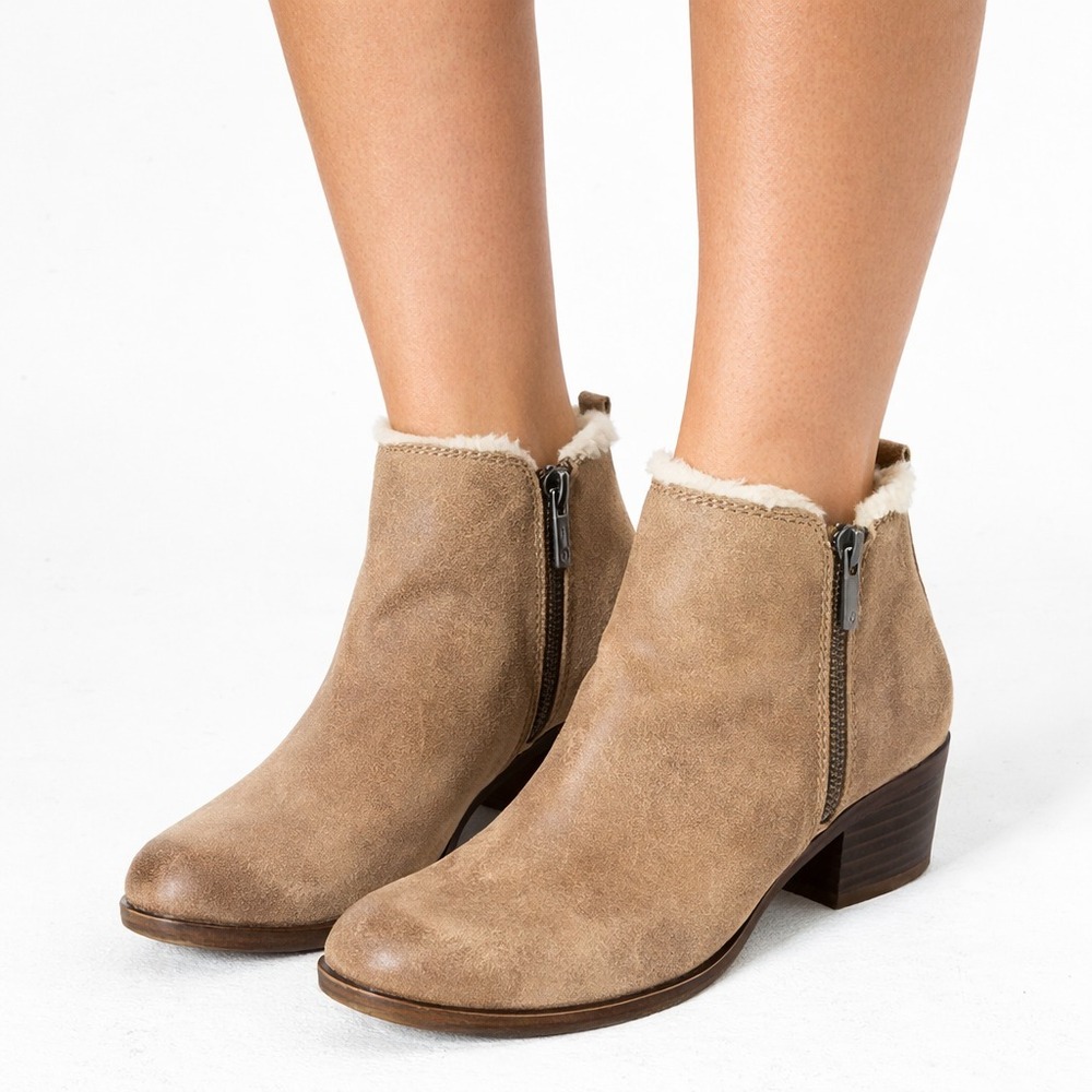 Lucky Brand Ankle Boots Women's 9.5 Brown Leather Shearling Trim Zip-Up Shoes